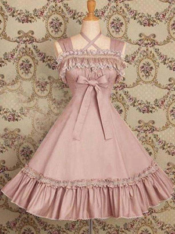 Soft pink pastel Lolita JSK dress front and back view flat display cross halter lace-up back design