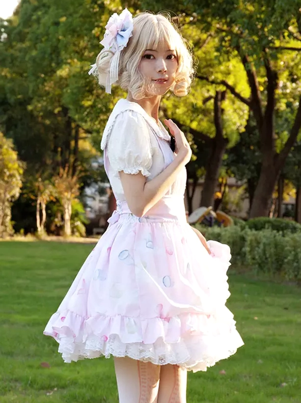 soft pink lolita skirt three-quarter side view fitted waist a-line silhouette ruffle lace hem