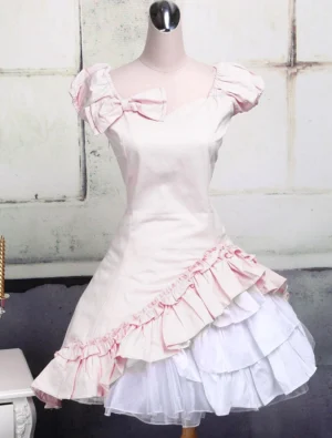Soft pink sweet lolita dress front full view with puffed short sleeves sweetheart neckline and tiered ruffled skirt