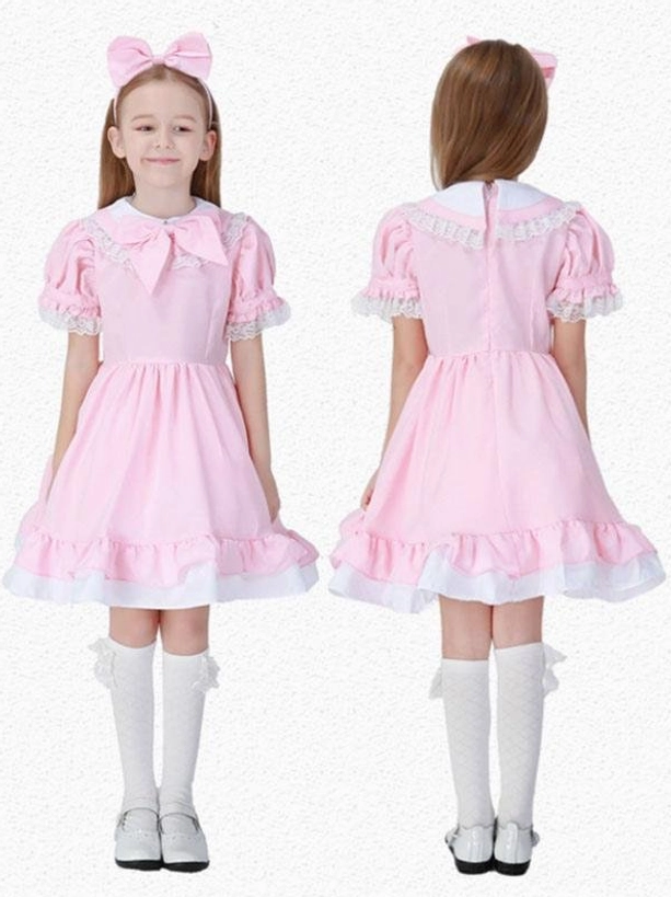 Solid pink maid lolita dress with bow necktie, puffed short sleeves, ruffled layered skirt and white long socks shown on child models from front and back angles