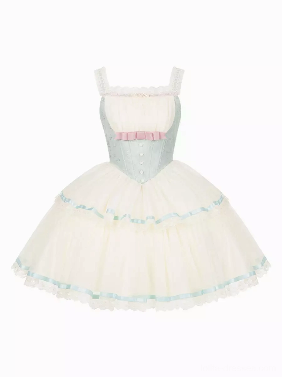Solo fairy lolita JSK dress product shot front flat background spaghetti straps small pink bow corset bodice detail