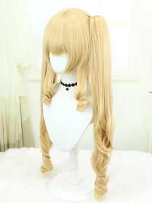 Classic lolita wig three-quarter left perspective showing butter blonde twin ponytails with spiral curls and long hair length
