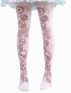 Steampunk gear printed pale pink Lolita socks front full leg view modeled with light blue lace sweet Lolita skirt