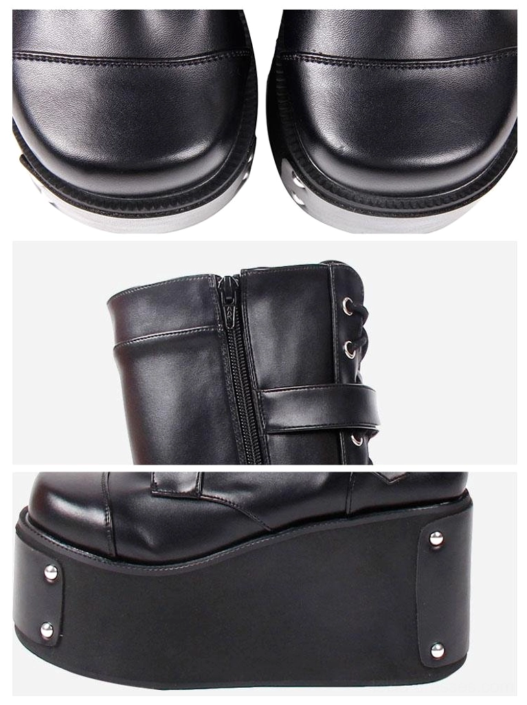 Steampunk gothic boot toe cap close-up detail view showing round black leather toe smooth PU leather surface and metal studs on sole edges