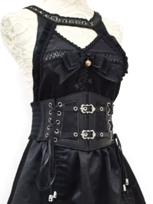 Steampunk gothic corset belt halter neck design with dual metal front buckles and side lace-up straps close-up