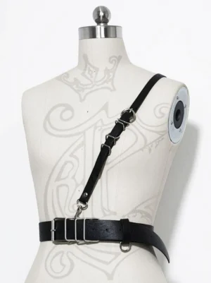 Steampunk gothic harness sash front view on dress form black PU leather silver metal buckles