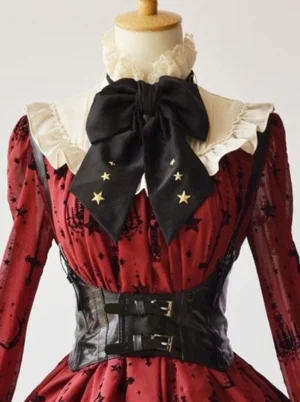 Black PU steampunk gothic lolita corset with metallic buckles and wine-red gothic printed dress, front flat lay view on dress form