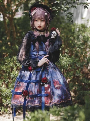 steampunk gothic lolita jsk dress front full body model shot outdoor garden purple hair dark blue red printed skirt black lace
