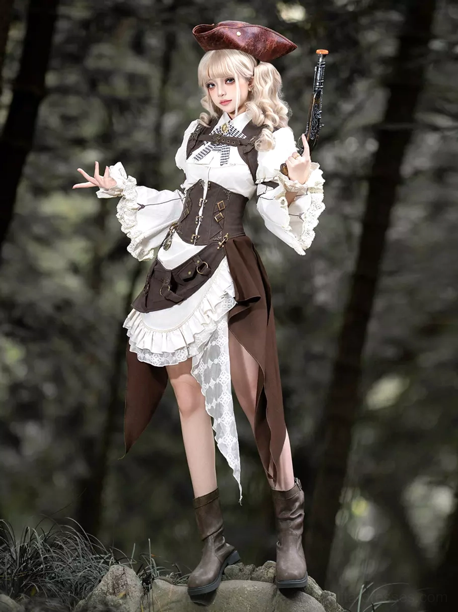 Steampunk lolita ensemble standing pose highlighting corset waistcoat construction, puffed sleeve blouse, and asymmetrical wrapped skirt with lace trim details