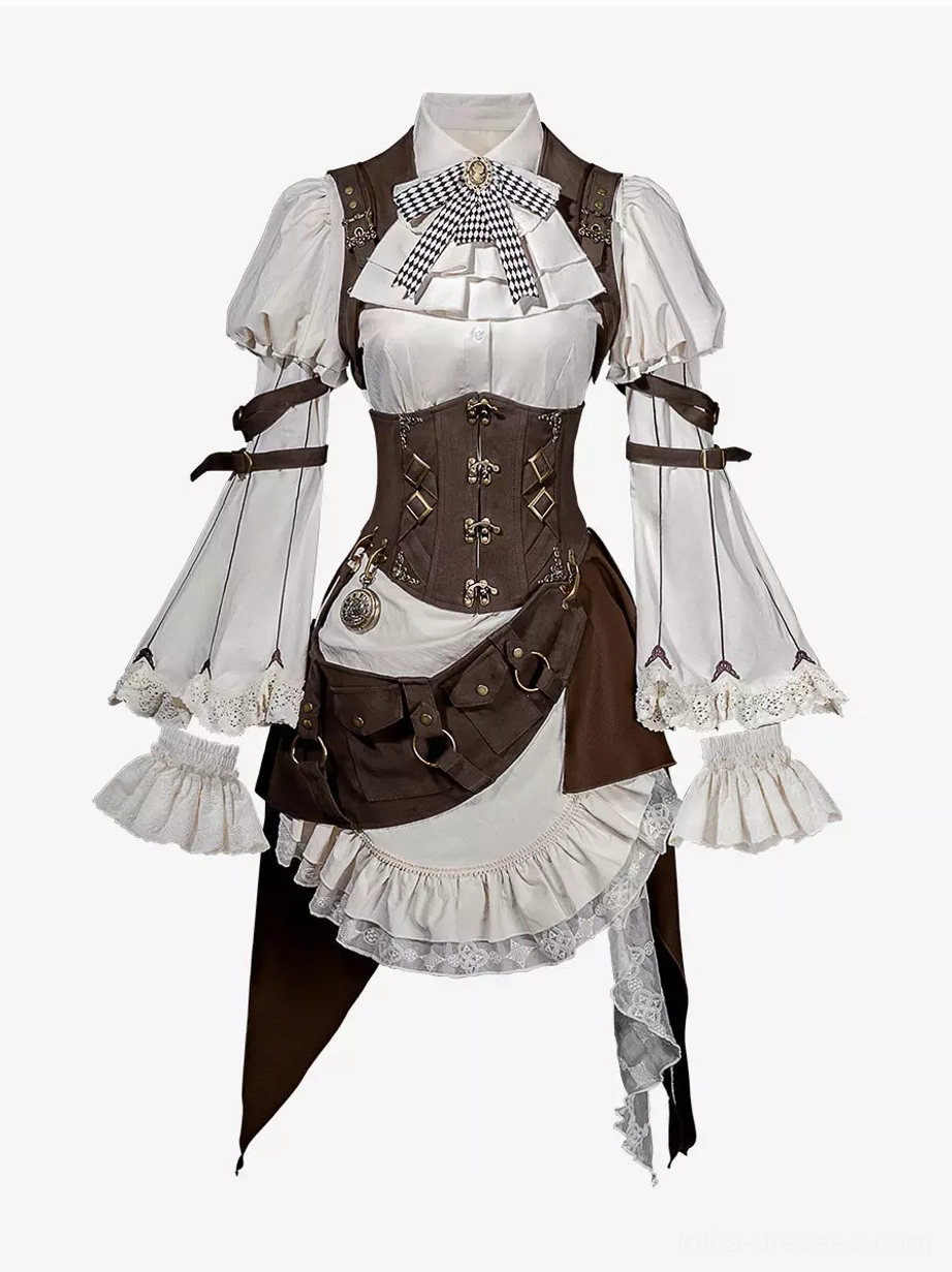 Steampunk lolita 4-piece ensemble flat lay showing complete set including white puff sleeve blouse, brown corset, asymmetrical skirt, pocket bag, and oversleeves on white background