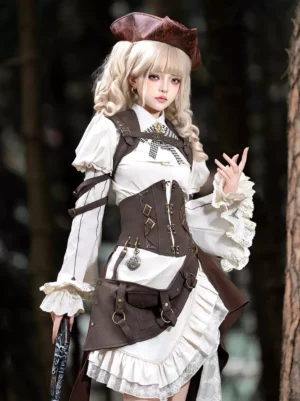 Steampunk lolita 4-piece set full-body frontal view on model wearing white blouse with puffed sleeves, brown corset waistcoat, asymmetrical ruffled skirt, and detachable oversleeves in forest setting