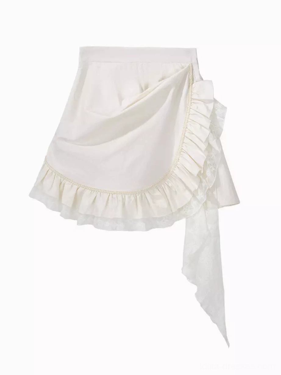 Steampunk lolita asymmetrical wrap-style skirt flat lay showcasing white ruffled hem, layered ruffles on one side, flowing sheer side sash, and wrap design construction