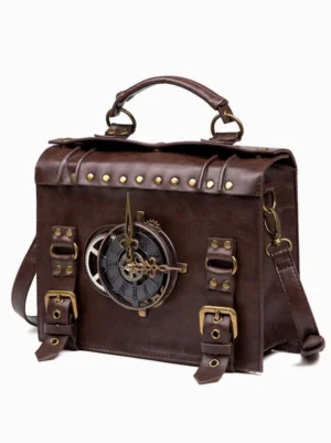 Coffee brown steampunk lolita leather crossbody bag three-quarter front angle showing studded trim, brass hardware, and clock gear decoration