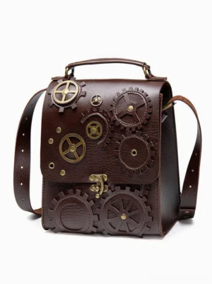 Steampunk lolita bag three-quarter front angle displaying top handle adjustable leather strap and overall structure with gear decorations