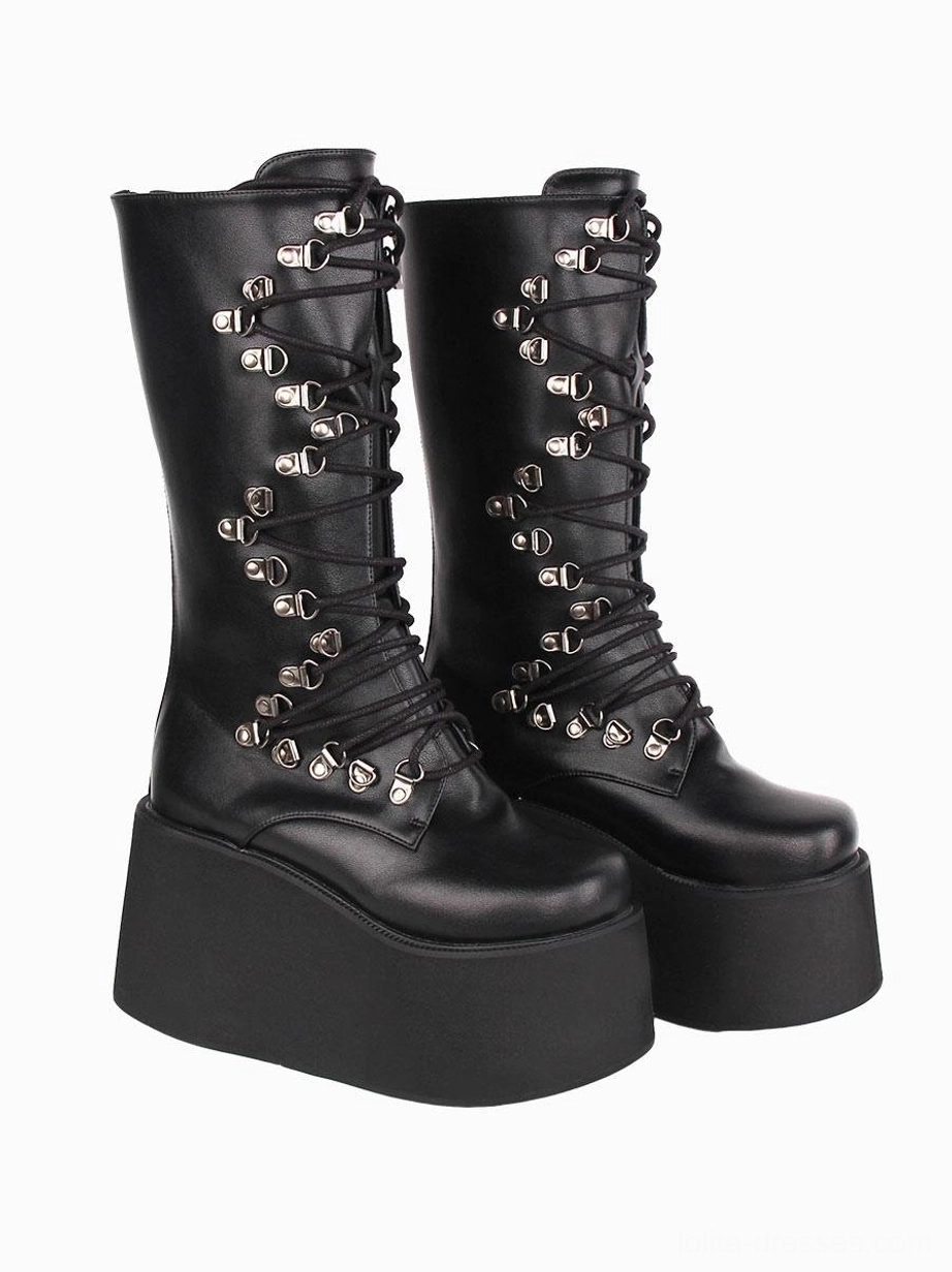 Matched black steampunk lolita platform boots opposite side paired view displaying silver lace hardware thick sole design and mid-calf height