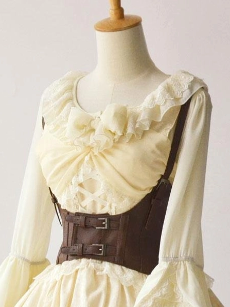 Brown dual-buckle leather steampunk lolita bustier top with cream ruffled lace blouse and romantic gothic aesthetic