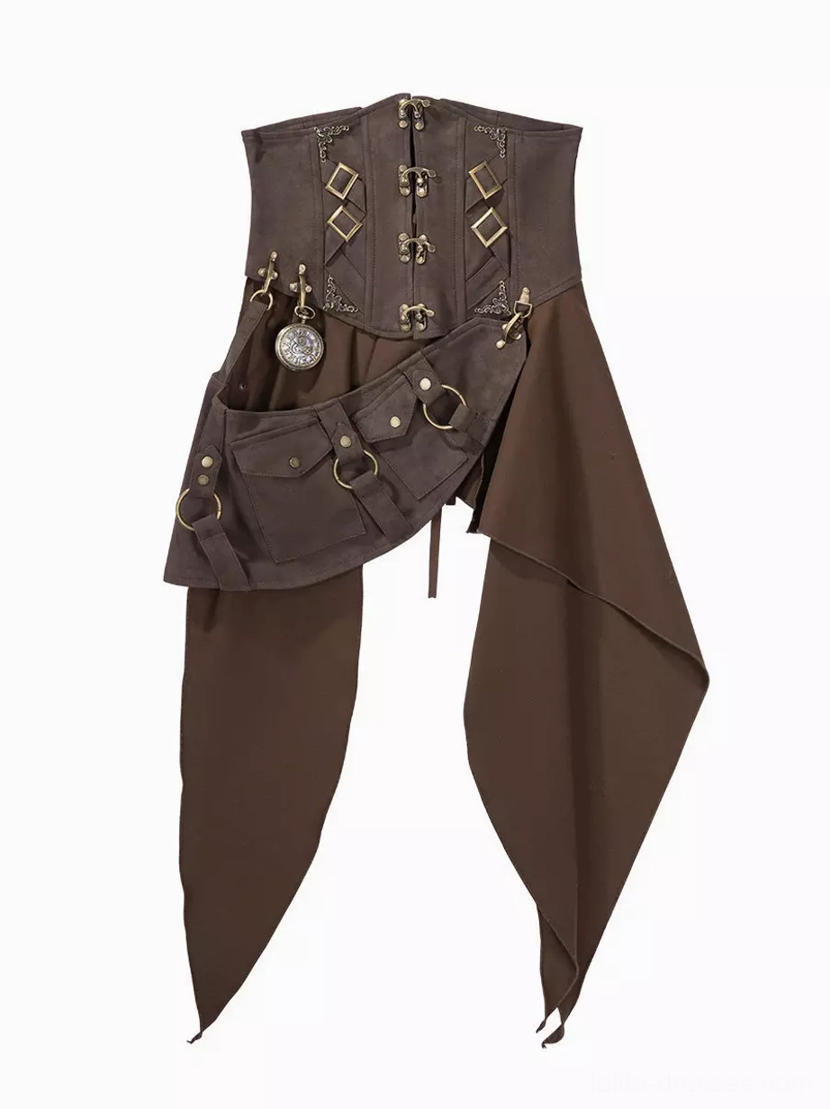 Steampunk lolita corset waistcoat flat lay detail featuring dark brown color, metal buckle decorations, utility pouch attachment, hanging pendant details, and craftsmanship