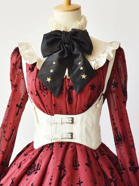 White PU steampunk lolita corset with matching wine-red printed dress and black star bow tie, front close-up