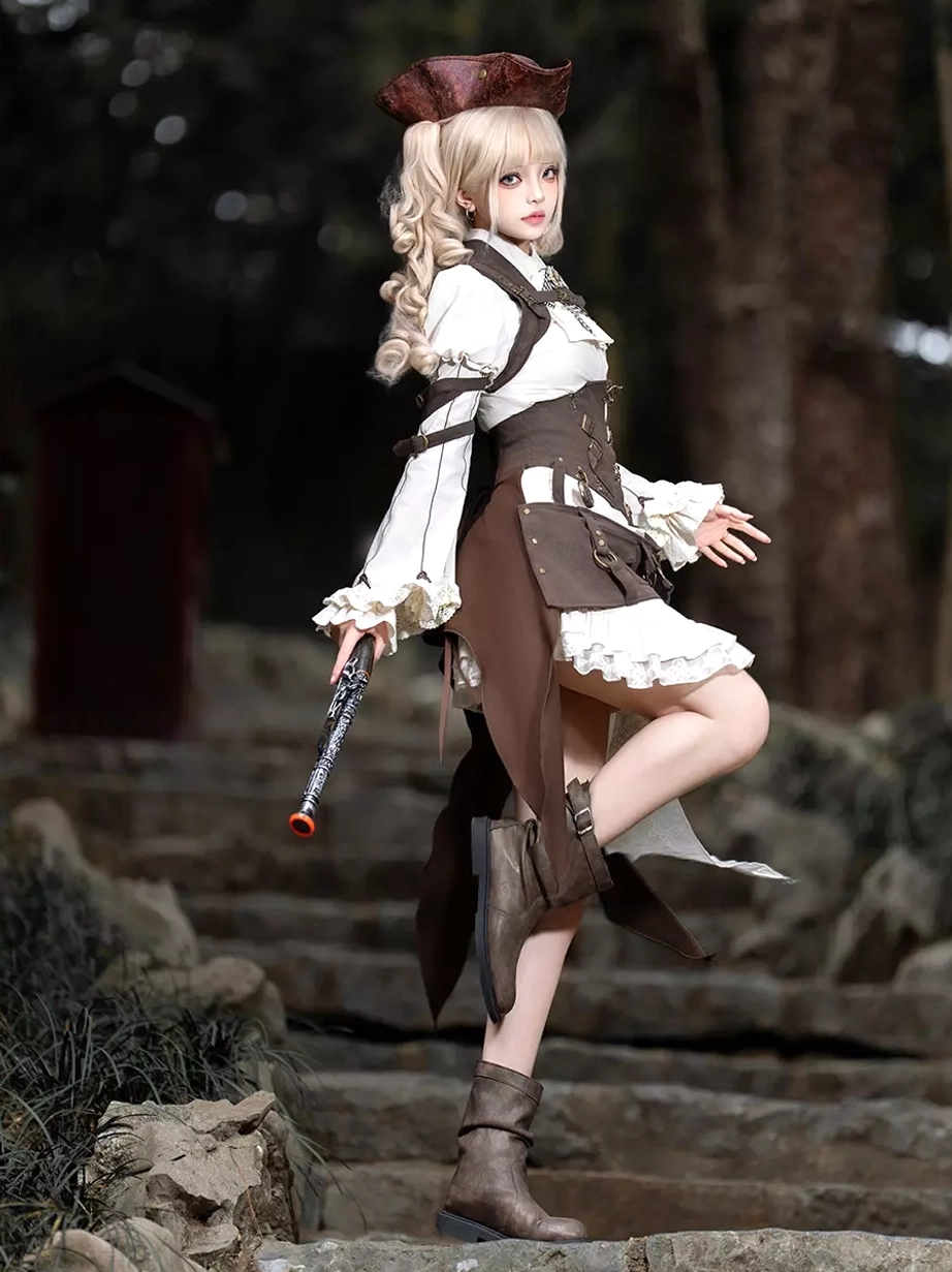 Steampunk lolita cosplay outfit dynamic one-legged pose showing asymmetrical short ruffled skirt, puffed sleeves, and full 4-piece ensemble in forest staircase setting