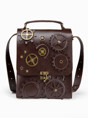 Steampunk lolita crossbody bag deep brown PU leather front flat lay view showing bronze gear embellishments and vintage metal lock clasp detail