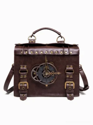 Steampunk lolita crossbody bag in coffee brown PU leather with vintage clock gear and brass rivet embellishments, front flat view product display
