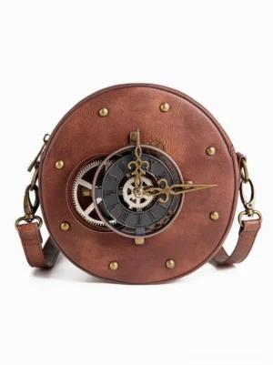 Steampunk lolita crossbody bag front flat view coffee brown PU leather with vintage Roman numeral clock face and brass gear decorations