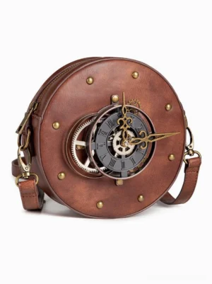 Steampunk lolita crossbody bag three-quarter angle showing round silhouette brass hardware rivets and leather texture details