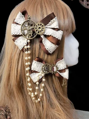 Steampunk lolita hair accessories side profile on mannequin with light brown wig showing worn hair clips long tassel chains matching metal details and styling on lolita fashion