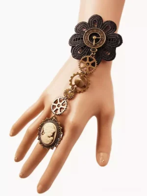 steampunk lolita hand chain bracelet front overhead view mannequin hand cameo charm black lace bronze gears clock accents