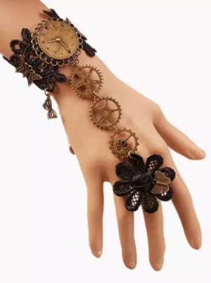 steampunk lolita hand chain three quarter side view bronze watch face black lace flower ring butterfly pendant vintage gears