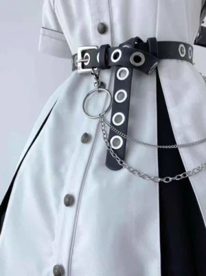 gothic lolita military chain belt detail shot showing silver eyelets double metal chains and square buckle closure worn on waist