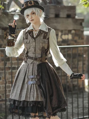 Steampunk lolita outfit featuring brown velour overskirt with leather buckles and magnifying glass accessory - front angle