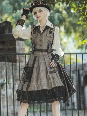 Steampunk lolita overskirt in coffee brown velour with plaid detailing and metal buckle accents on model - full body front view