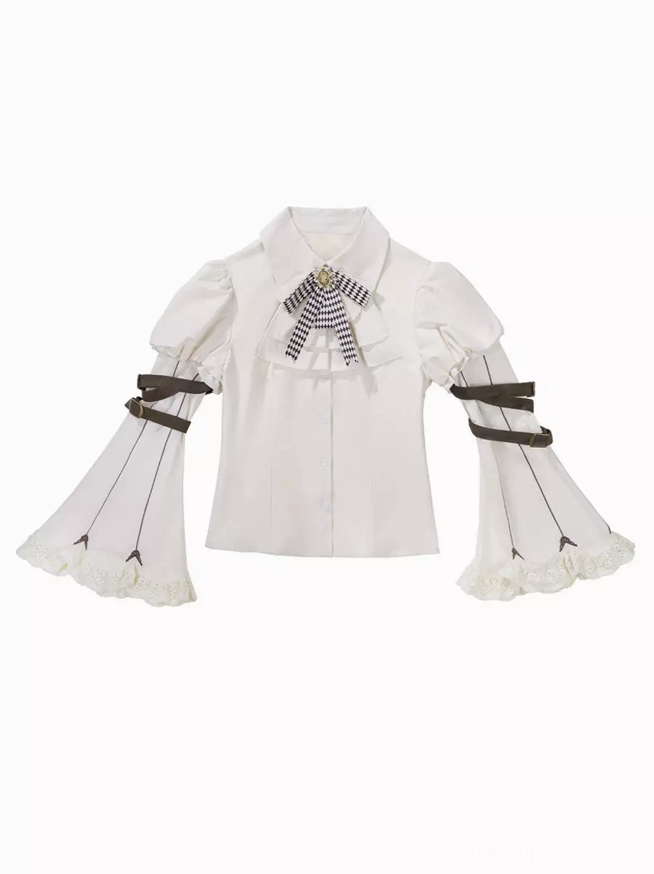 Steampunk lolita puff sleeve blouse flat lay detail highlighting checkered neck bow, detachable ruffled arm straps, puffed sleeves with lace cuffs, and construction quality
