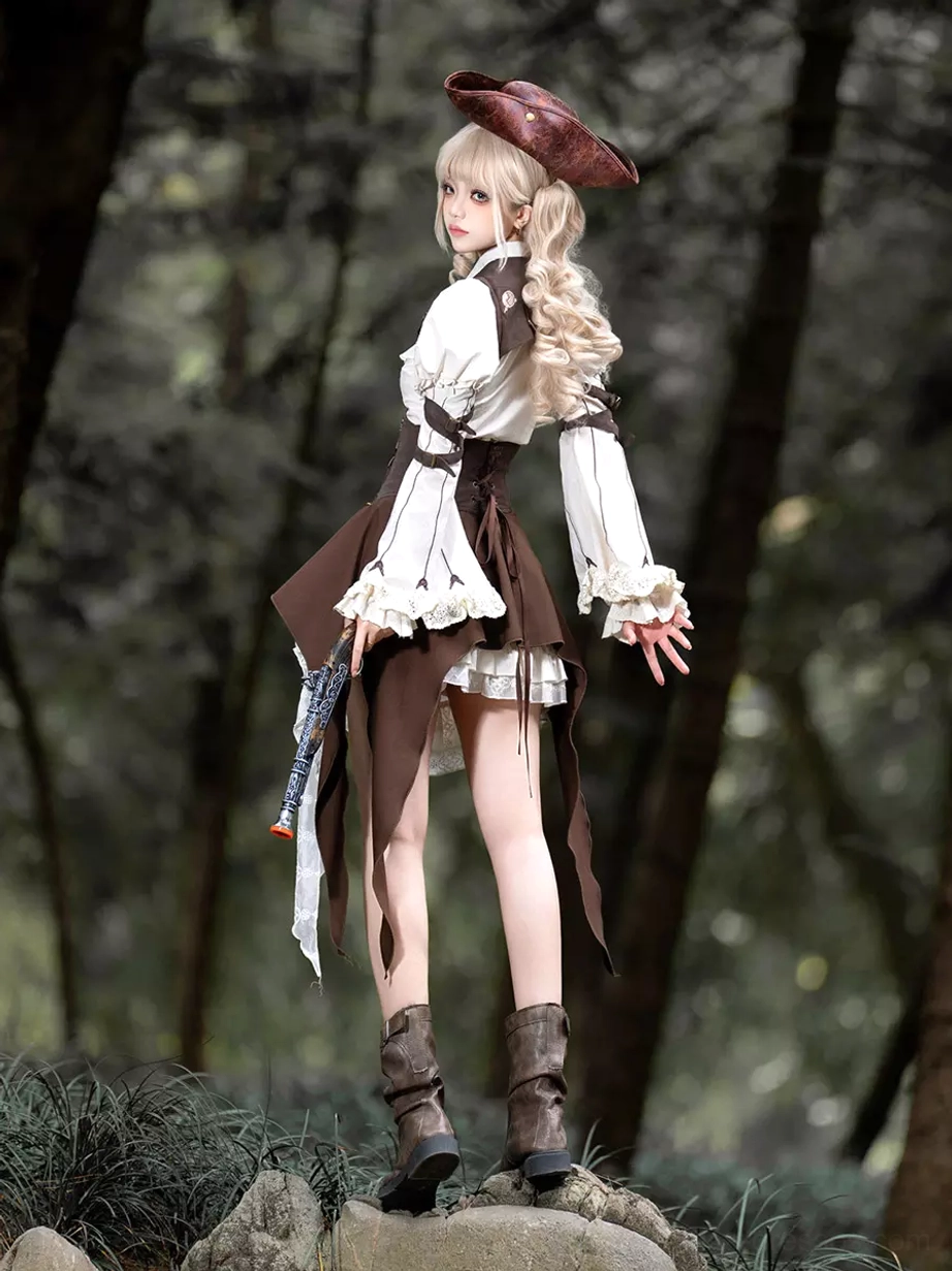 Steampunk lolita outfit rear view showcasing long curly twin ponytails, matching beret hat, asymmetrical skirt back design, and full ensemble styling in forest background