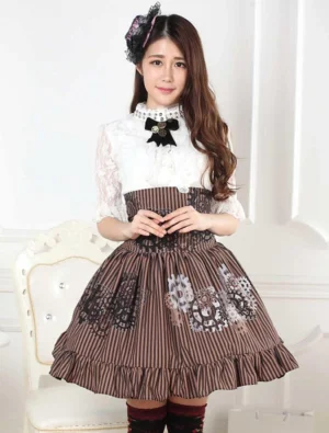 Front half-body view of steampunk lolita skirt with high waist brown-black stripes and gear prints, model wearing hair ornament in white indoor room