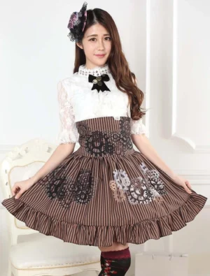 Front full view of sweet lolita steampunk skirt showing flared A-line silhouette lace waist panel and ruffled hem with gear pattern details