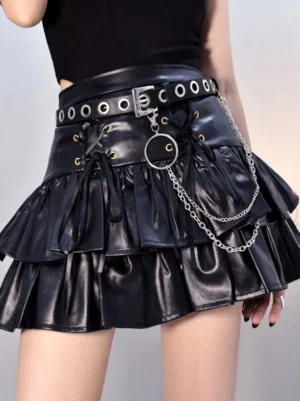 steampunk lolita punk waist chain belt black leather silver double chain front view modeling outfit