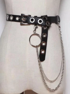 steampunk lolita black leather waist chain belt with silver grommets and layered metal chains displayed on dress form close-up front view