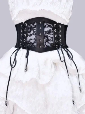 Black steampunk lolita lace-up waist corset belt with floral lace panels and metal pendants on white ruffled dress front view