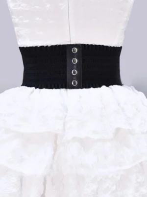 Black gothic lolita elastic waist corset belt with metal snap buttons back view on white ruffled dress