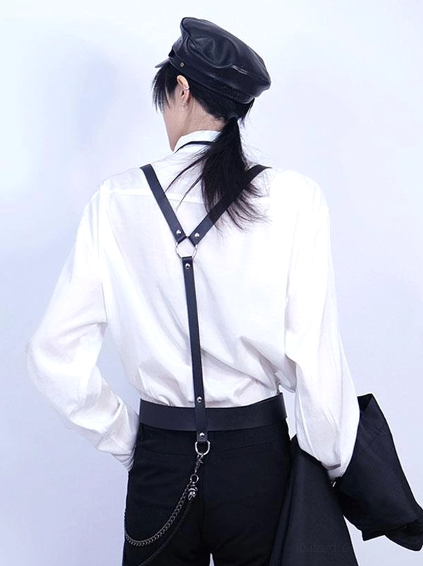 Back harness accessory Y-shaped rear view with waist chain pendant on model in white collared shirt Gothic Lolita