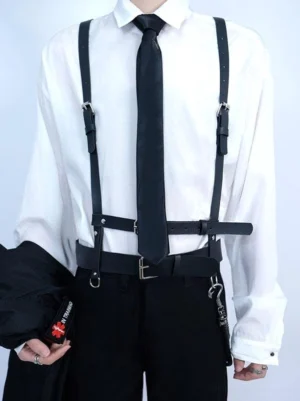 Chest harness waist belt set front close-up showing adjustable black leather straps and metal buckles on white dress shirt