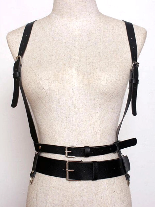 Front chest harness belt flat lay display on beige linen mannequin torso with dual waist belts adjustable shoulder straps