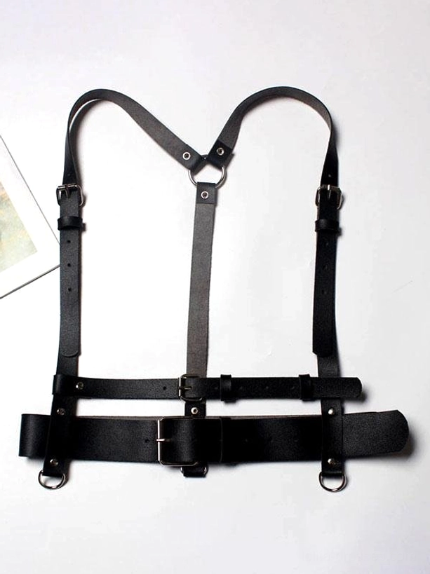 Full chest harness belt flat lay front view multiple adjustable straps silver metal buckles on white background complete set
