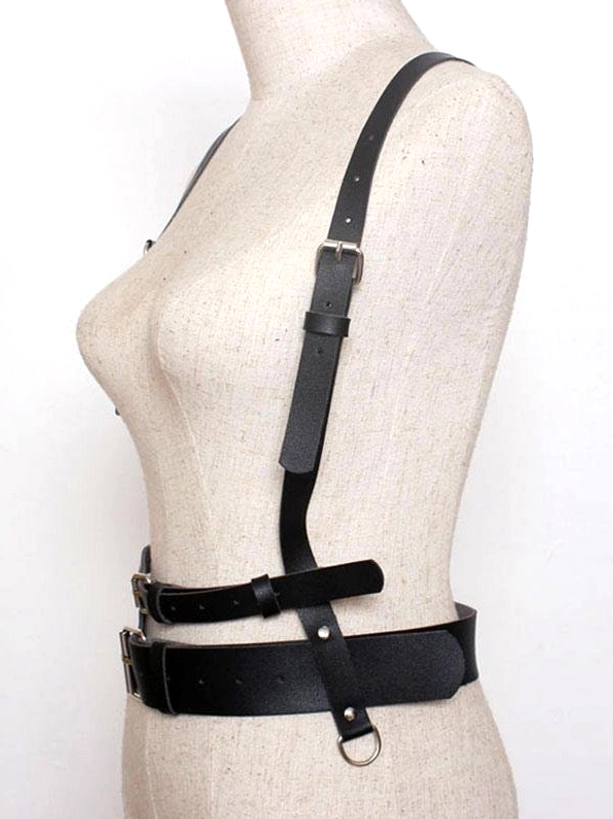 Side chest harness belt right side view on mannequin showing asymmetric straps D-ring metal pendant detail