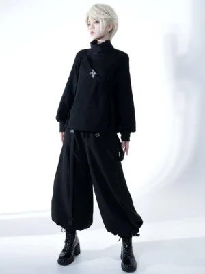 Steampunk Ouji Lolita outfit set black turtleneck top with wide-leg pants and combat boots full body side view