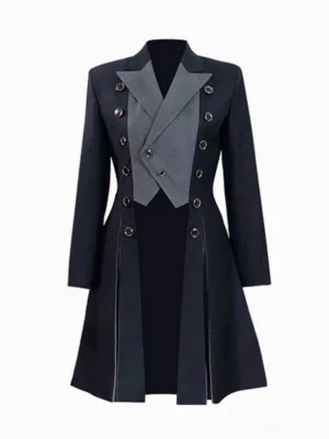 Steampunk Ouji Lolita black double-breasted overcoat front flat lay display showing color blocking design and metal button details