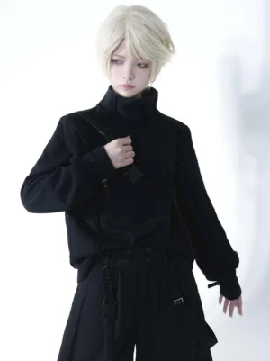 Steampunk Ouji Lolita black turtleneck top with cross shoulder straps front three-quarter view on model