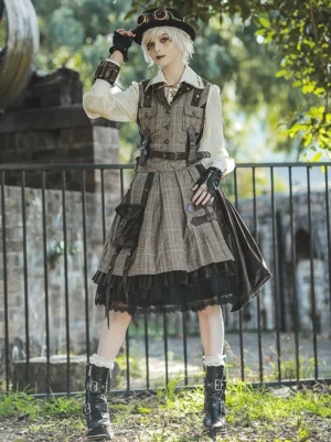 Steampunk Ouji Lolita coffee brown cardigan full front view with white-haired model wearing plaid vest dress and leather boots in outdoor park setting with iron fence background